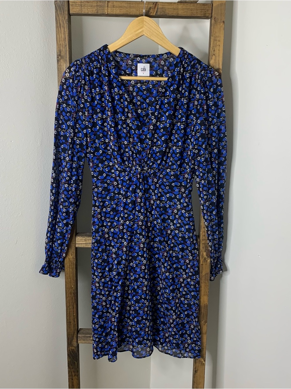 Cabi Blue Floral The Ten Long-Sleeve V-Neck Dress Size S
